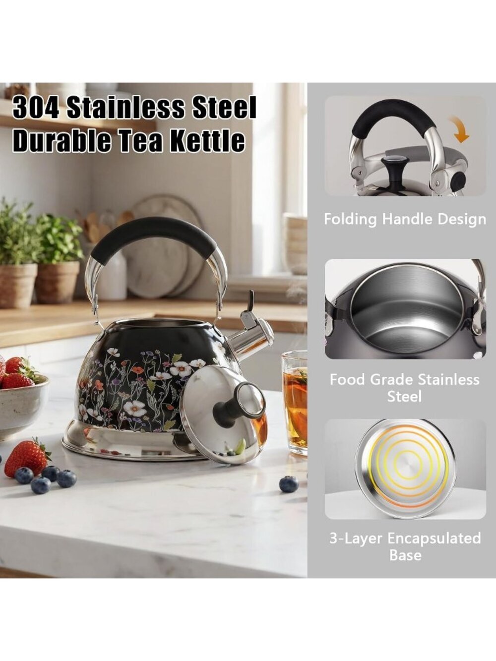 Black Field Flower 304 Stainless Steel Whistling Tea Kettle 3.1 Quart Stovetop - Picture 3 of 7